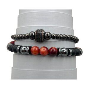 Mens Hematite Red Agate Onyx Bead Bracelets Adjust Cord Pave Accent Set 2 Energy